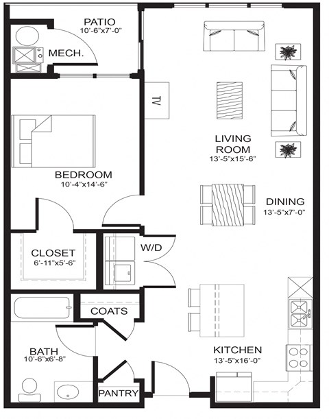 Floor plan for 1 bed, 1 bath, 782 sqft